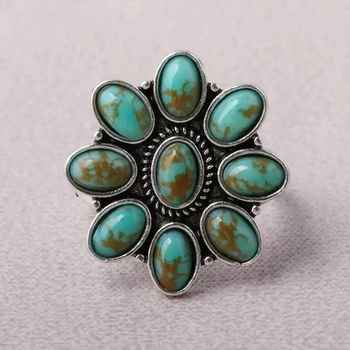 Boho 925 Sterling Silver Elegant Charms Vintage Turquoise Charms Ring Size 9.5