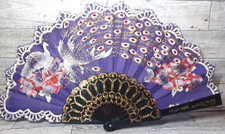 Vintage Folding Hand Painted Peacock Cloth Plastic Lace Hand Fan Purple Fancy