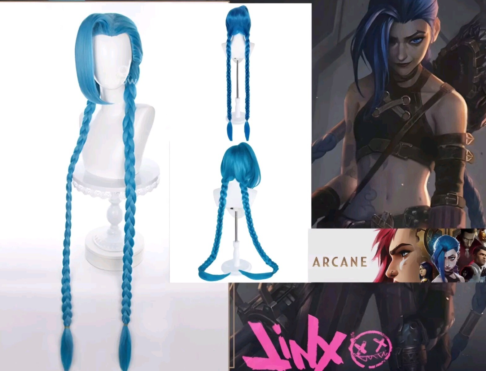 Peluca Jinx Disfraz Arcane Cosplay Cabello Largo Trenzado Azul