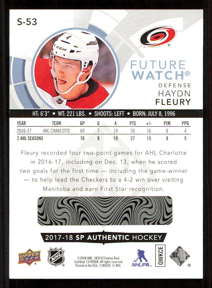 2017-18 SP Authentic Spectrum FX #S53 Haydn Fleury FW - Image 2 of 2