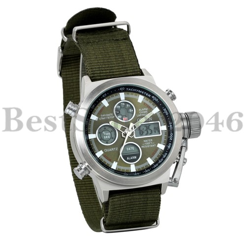 Men Military Army Green Analog Digital Quartz Nylon Canvas Wrist Watch Sport US - Picture 2 of 9