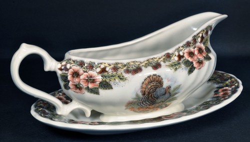 Churchill Myott Thanksgiving 9" Gravy Boat & Under Plate Multi-Color Turkey - Picture 3 of 8