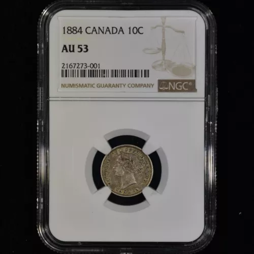 1884 CANADA 10C DIME ✪ NGC AU-53 ✪ SILVER COIN CANADIAN ALMOST UNC ◢TRUSTED◣