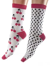 Pretty Polly Very CHERRY Sustainable Bamboo Knit Patterned Socks 2 Pair Pack NEW