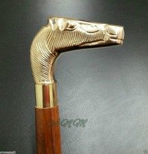 Antique Brass Horse Face Head Handle Brown Wooden Walking Stick Cane Handcrafted