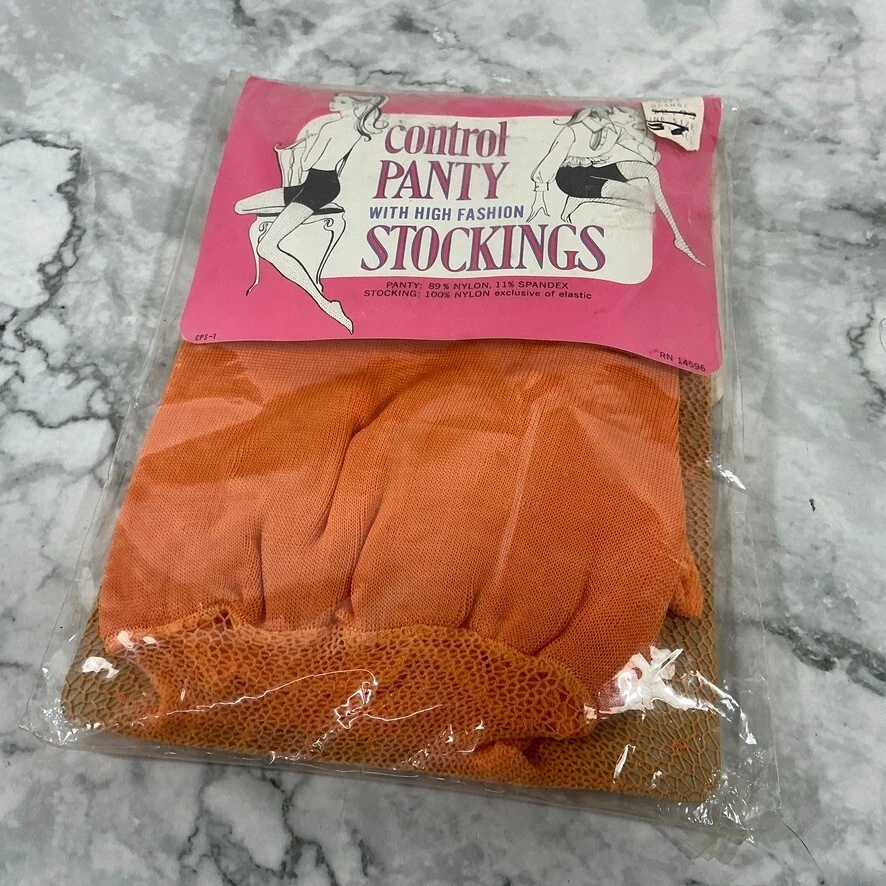 Medias, pantimedias, medias de red de pesca naranja vintage de los años 60 NOS Foto 2 de 4
