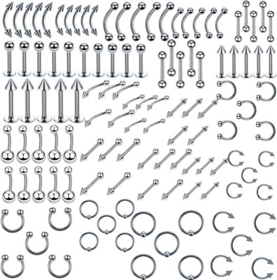120-teiliges Piercing Set aus Edelstahl und Acryl: Studs, Barbells, Bananabells