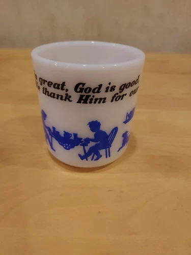 VINTAGE HAZEL ATLAS “GOD IS GREAT” PRAYER MILK GLASS CHILDS MUG BLUE