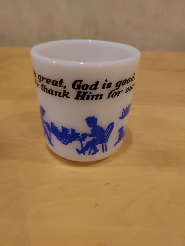 VINTAGE HAZEL ATLAS “GOD IS GREAT” PRAYER MILK GLASS CHILDS MUG BLUE