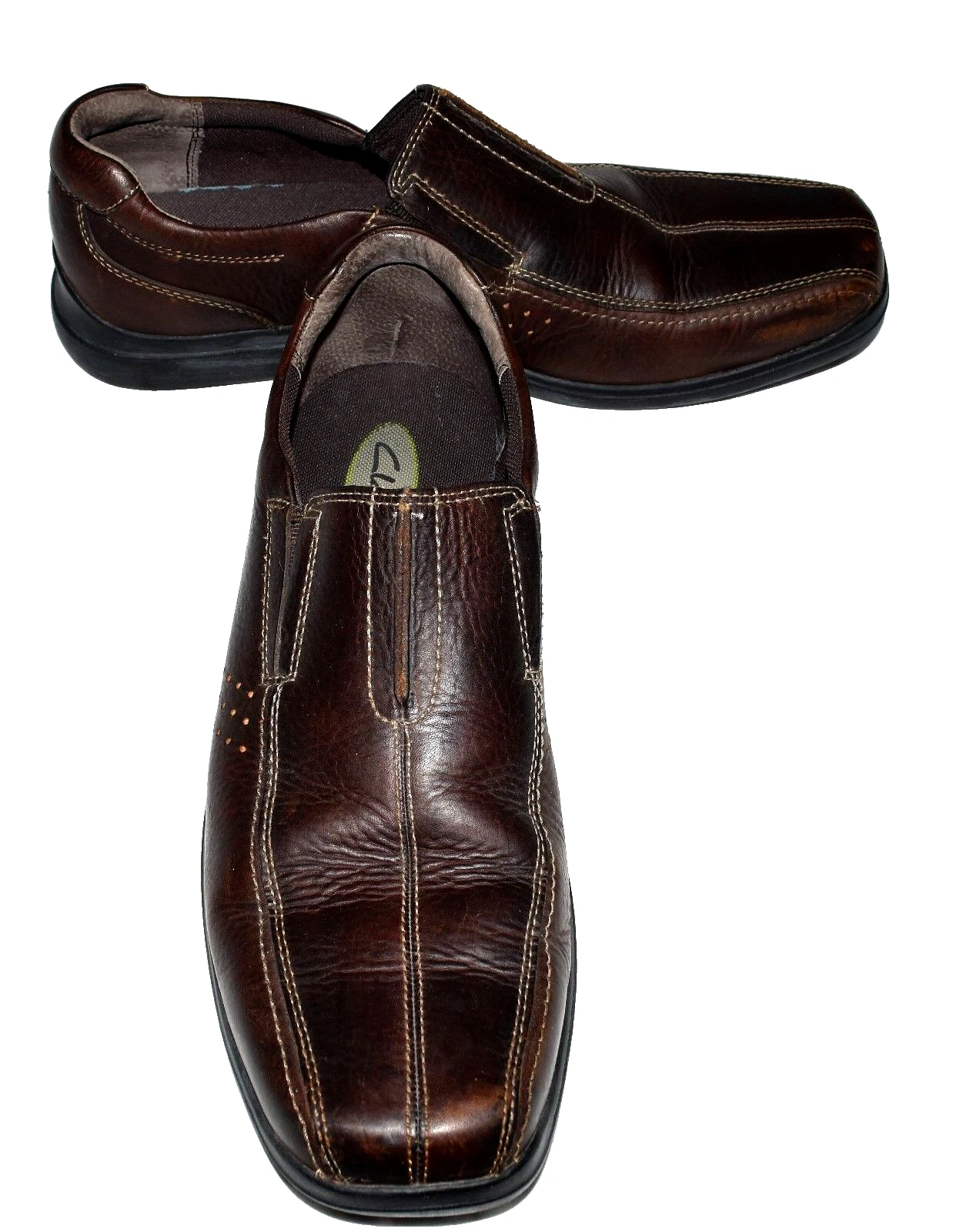 Scarpe mocassini uomo Clarks marrone scuro pelle ciottolata cuciture bianche misura 11 5M