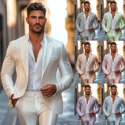 Formal Wedding Men's Suits Satin Slim Fit Peak Lapel Business Casual 2 Piece Set
