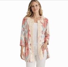 Chico's Women's Multicolor Ikat Open Front Jacket 3/4 Sleeve Pockets Sz 3