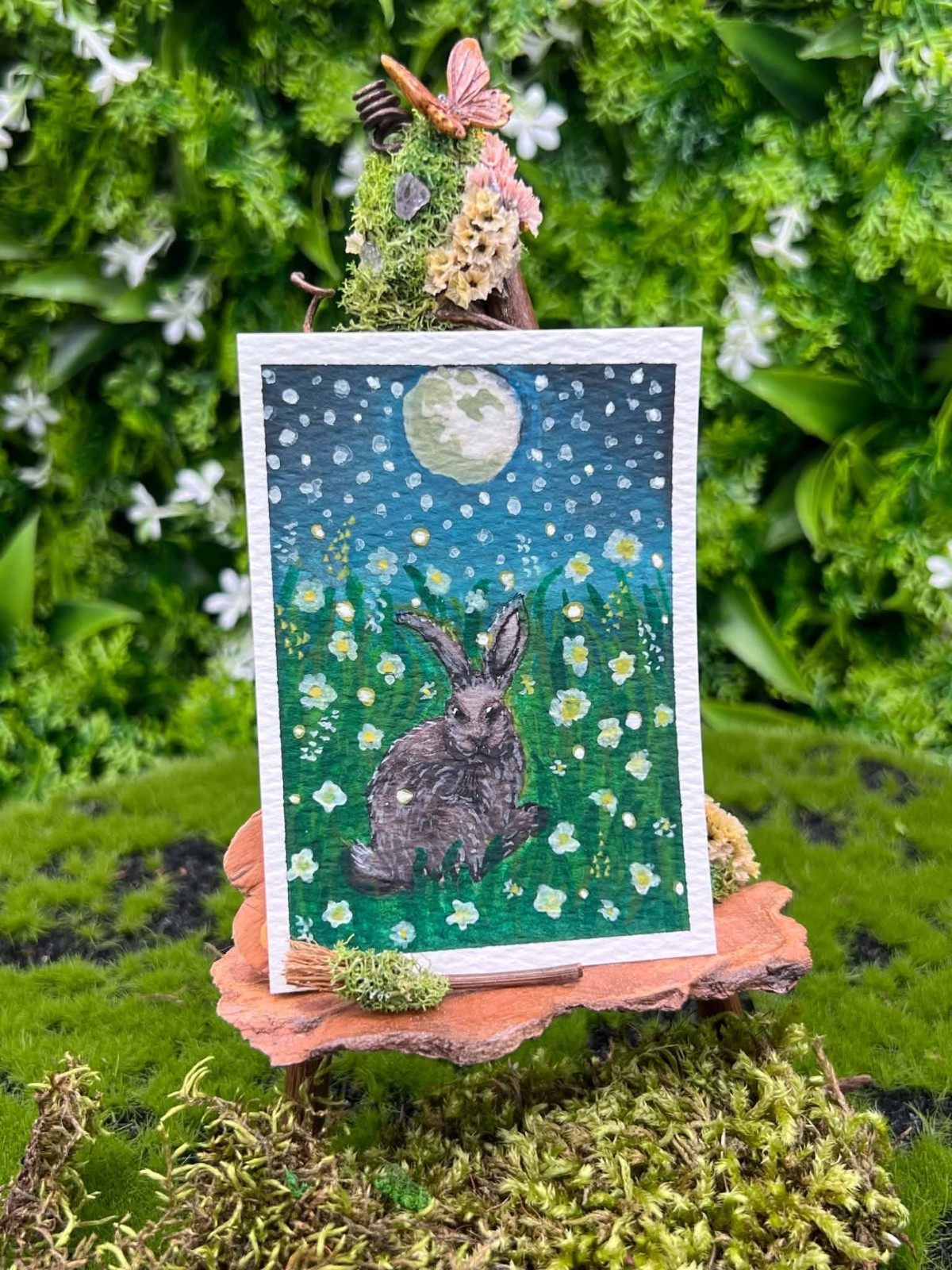 Silver Fox Rabbit Moonlit Field Fireflies ACEO Original Watercolor Night OOAK