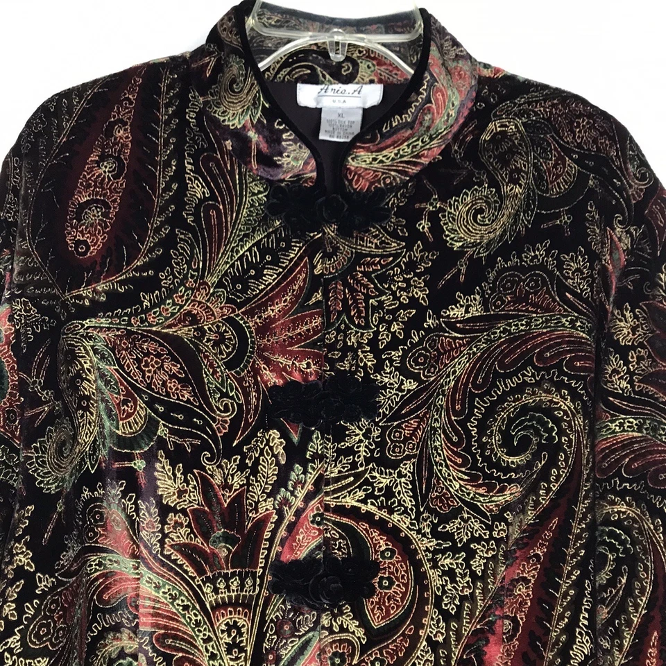 Aria A. Velvet 长袖纽扣切换佩斯利高领上衣衬衫丝绸 XL — 第 3/4 张图片