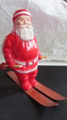 Irwin Celluloid Santa on Skis 1930s 40s w/ Poles & Metal Skis Christmas
