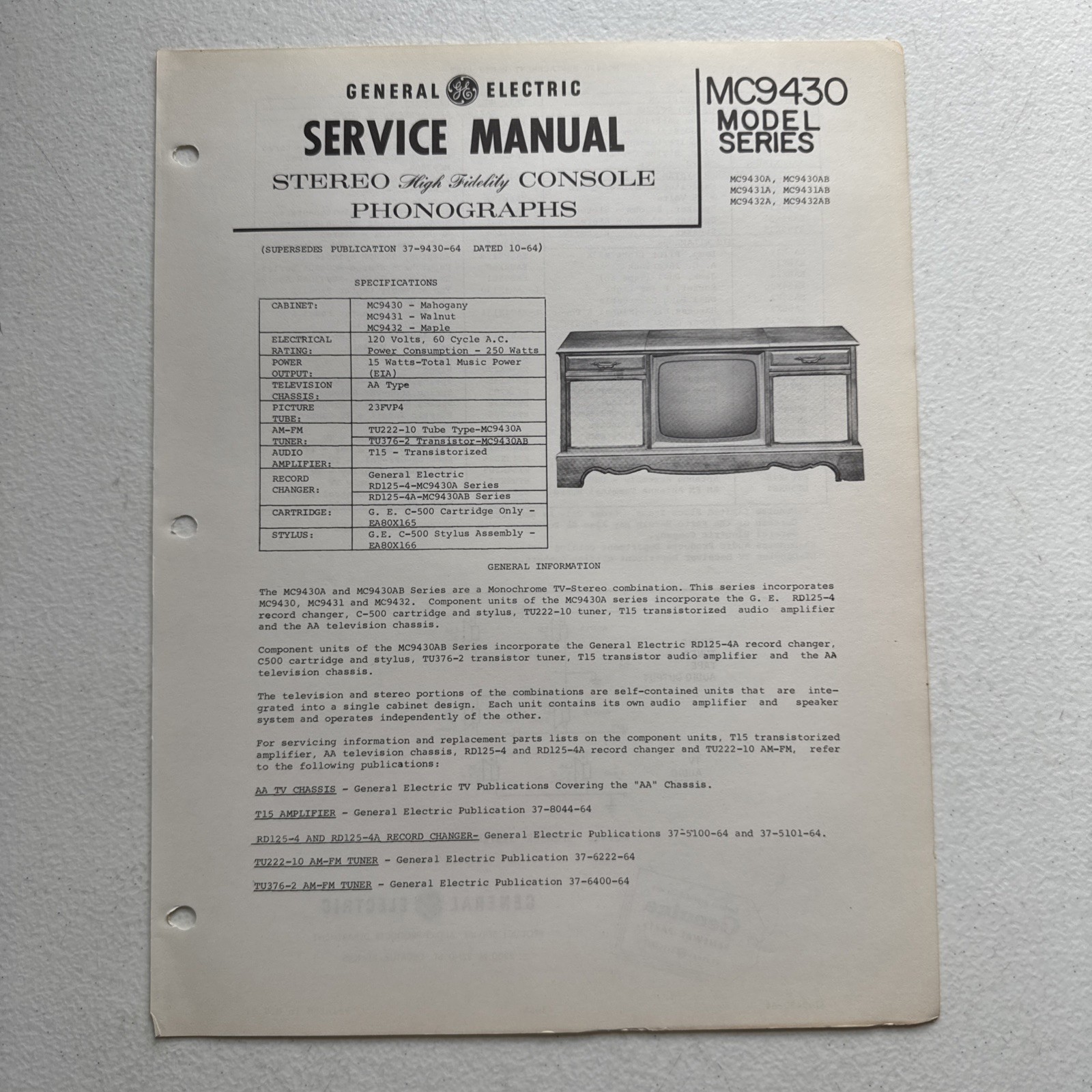 General Electric TV Stereo MC9430 Model Series 1964/1965 Pro