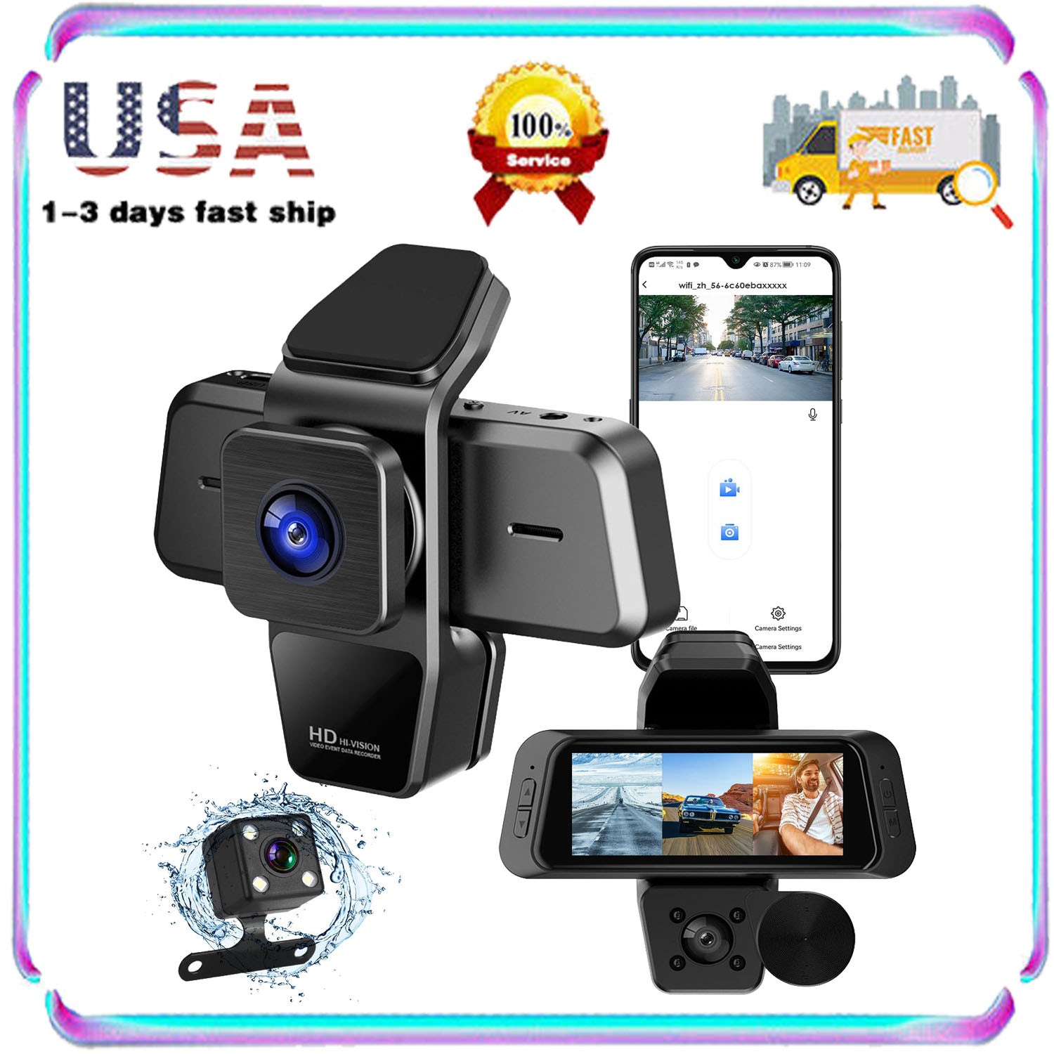 3 Channel Dash Cam for Car Front Rear, 2.0" IPS Screen Dashboard Camera Recorder