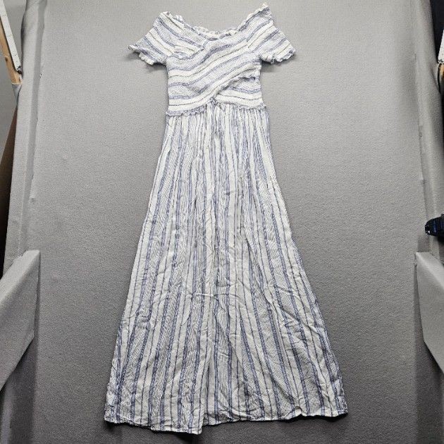 Japza Women's Size Small White Blue Striped Off Shoulder Maxi Dress