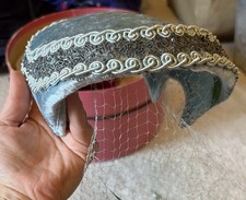Vintage 1950s Pale Blue Velvet Beaded Cocktail Hat Birdcage Veil Mid Century