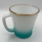 Vintage Anchor Hocking Fire King Glass Mug Turquoise Ombre Fade Gold Rim 3 1/4"