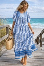 National Blue Paisley Caftan Maxi Dress Boho Beach Cover Up Cotton Gauze Medium