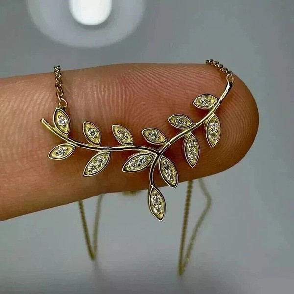 Alternate view of Round Cut White Moissanite Leaf Necklace Pendant 14k Yellow Gold Plated