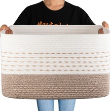 OIAHOM 75L Extra Large Blanket Basket, 22?x17?x15? Rectangle Woven Cotton Rop...