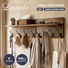 Levede Wall Coat Rack 2 PCS 8 Hooks Wall Mounted Heavy Duty Wooden Organiser