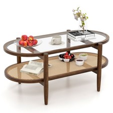 2-Tier Coffee Table Mid-Century Modern Oval Center Table with Glass Tabletop