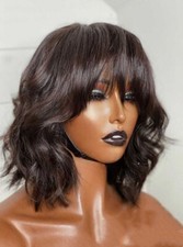 Black Short Wave Human Hair Wigs Short Bob Wigs With Bangs 180 Density Full Wig