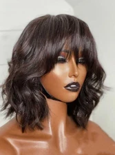 Black Short Wave Human Hair Wigs Short Bob Wigs With Bangs 180% Density Full Wig