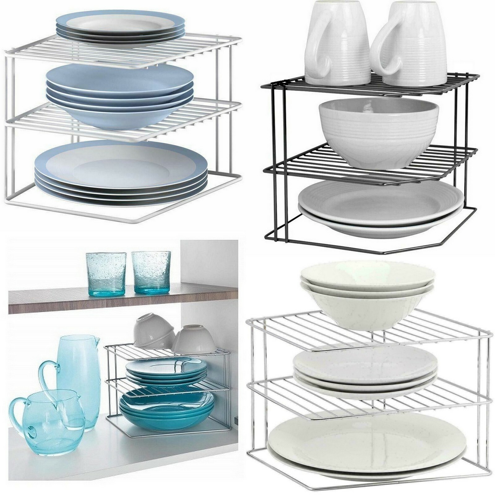 3 TIER CORNER PLATE RACK STORAGE HOLDER STAND KITCHEN PLATES CUPBOARD