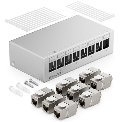 8 Port Patchpanel Gehäuse + 8x RJ45 Keystone Jack Modul Panel Verteiler Aufputz