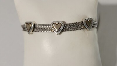 Brighton RENDEVOUS Silver Gold Center Heart Stations Mega Strand Bracelet, EUC
