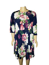 42POPS Swing Dress Women's 3X Blue Floral 3/4 Sleeve