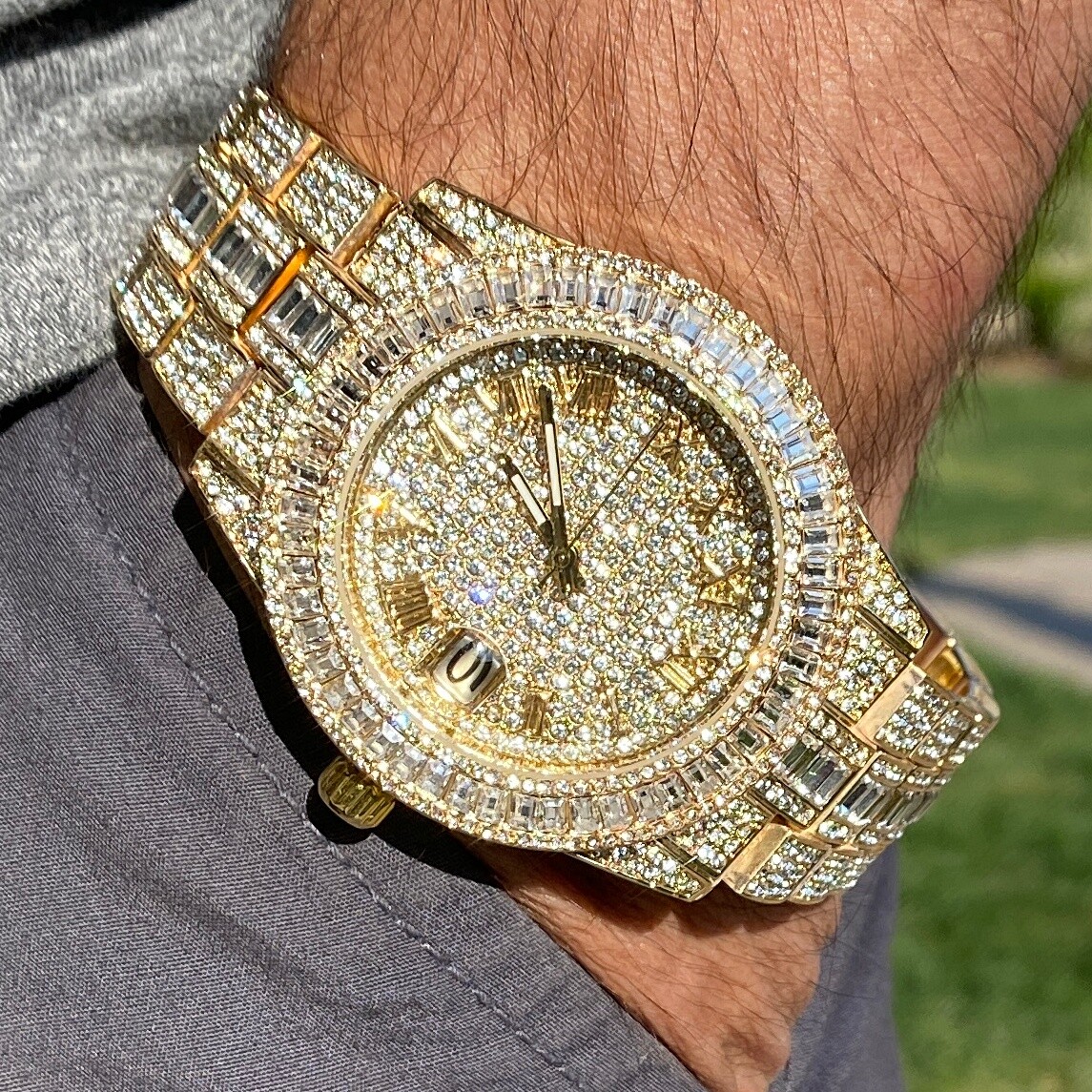 Men's Big Hip Hop Watch Iced Simulated CZ Baguettes Date Calendar