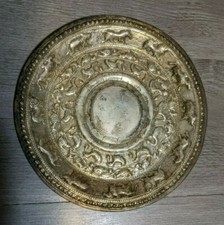 Antique Thai Asian 8" Silver Repousse Animal Plate Sri Lankan Embossed Tray Dish
