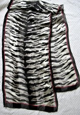 1980's VTG BILL BLASS Animal Print Silk Scarf Black White Red 13X 58" Rolled Hem