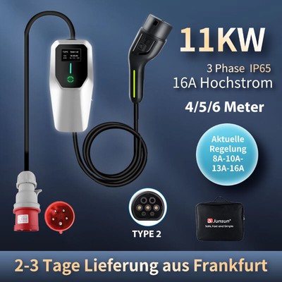 EV Ladekabel Elektroautos 16A 11KW 3 Phase Typ2 Einstellbarer Strom Tragbares