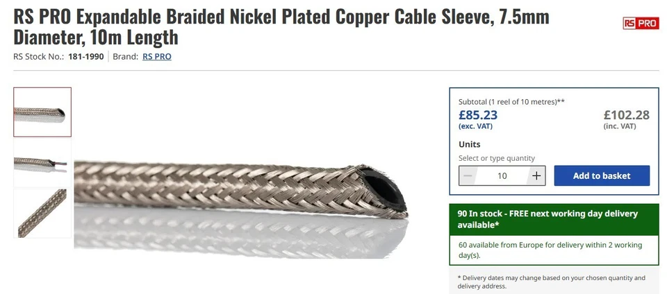 RS PRO Expandable Braided Nickel Plated Copper Cable Sleeve 7.5mm Dia - Image 4 of 4