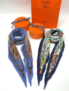 Auténtica bufanda de seda Hermes plisada decoupages/CUIRS DU DESERT piezas 2 con caja bolsa BA050138