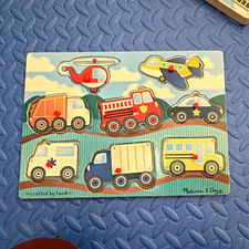 Melissa Doug Wooden Vehicles Peg Puzzle Board - Cars, Truck, Helicopter