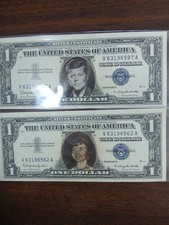 John and Jacqueline Kennedy 1957 Blue Seal Silver Certificate 1 Dollar  Bills