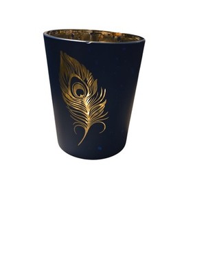 Peacock Feather 5'' Glass Tealight Candle Blue & Silver 