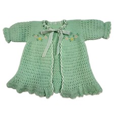 Vintage Hand Knit Embroidered Sweater Baby Girl NB Mint Green Layette