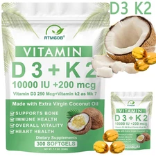 Microingredients Vitamin D3 10000 iu K2 (MK-7) 200 mcg, 300 Coconut Oil Softgels