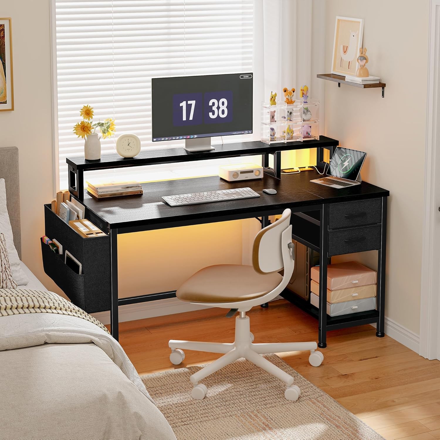 40" Gaming Desk with Drawers&Storage Bag, Computer Desk with Power Outlets and L