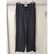 Sezane Navy Blue Wide Leg Sailor Trousers Gold Crest Buttons High Rise 36 (4)