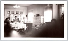 Vtg B&W Snapshot Family Gathering Dining Living Room Fireplace Interior 1940s