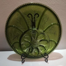 Indiana Glass Deviled Egg & Relish Dish 13" Avacado Green - 1960's Tree of Life